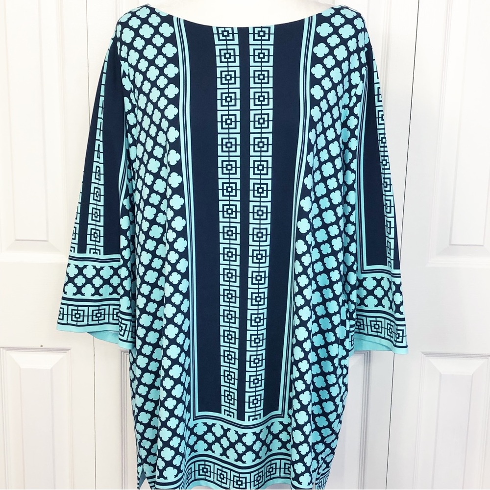 Charter Club Light Blue & Navy Print Stretch 3/4 Sleeve Tunic Top 3X